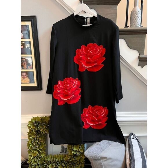Jack Mint Black Large Embroidered Rose Sheath Dress sz M EUC - Picture 1 of 9